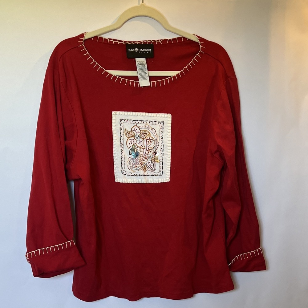 Sag Harbor Sport Wmns XL Red White Cotton Boho Paisley Sequin 3/4 Sleeve Blouse